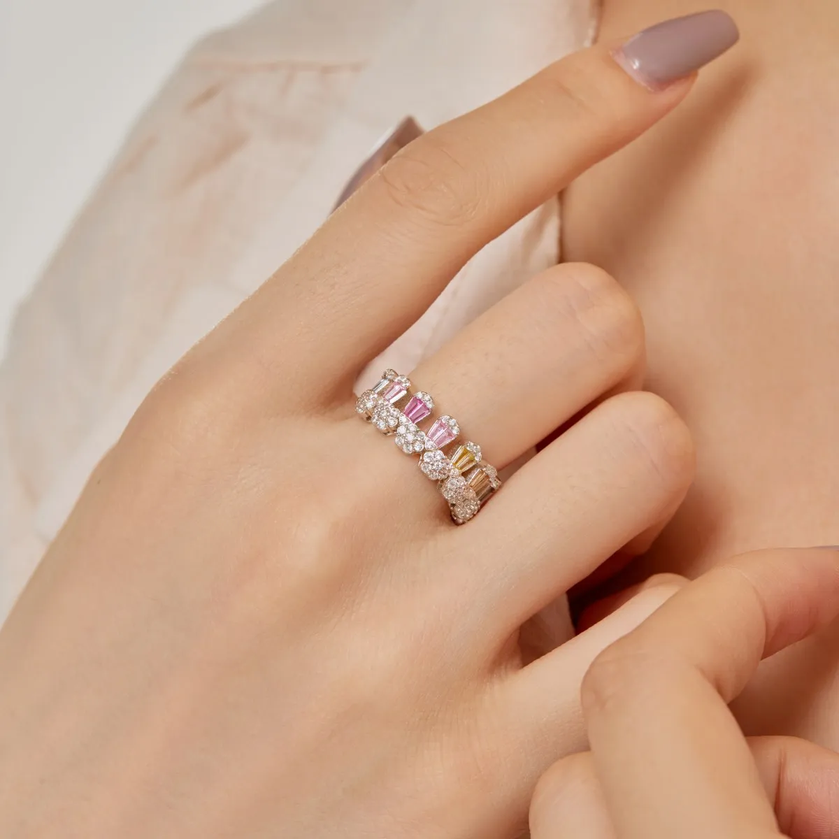 Dylam New Irregular Colorful Pink Diamond Ring For Women 5A Cz Cubic Zircon Pear Shape Personality 925 Silver Jewelry For Women