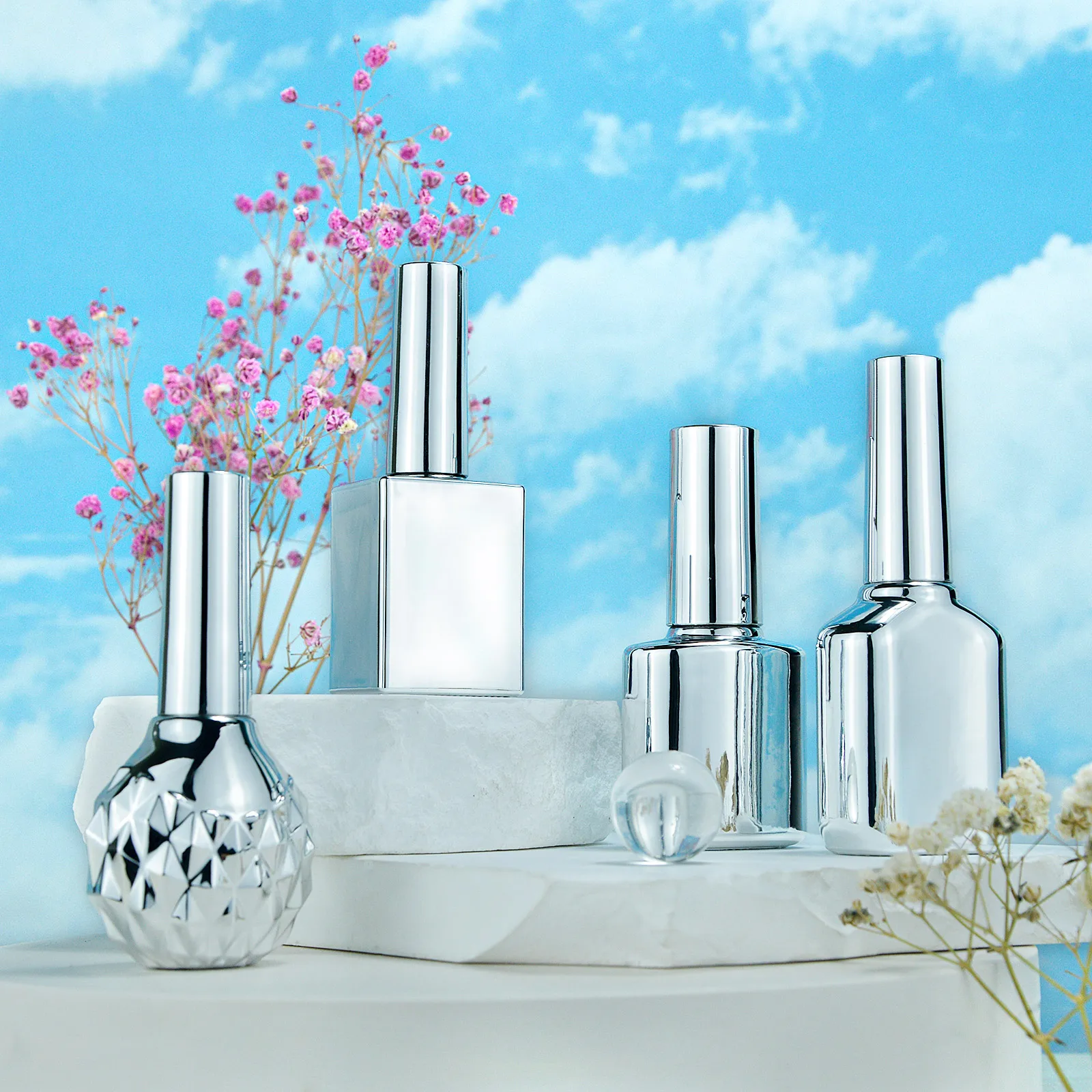 Luxury Stock Silver Empty Nail Polish Bottle For Top Coat Electroplate Uv Gel Nail Polish Glass Bottle With Silver Cap Brush