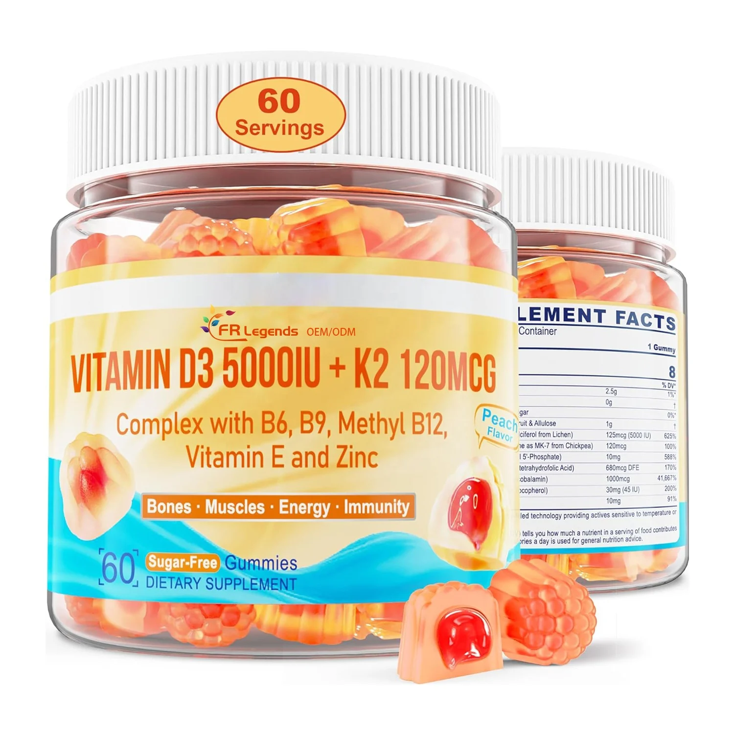 Private Label Supplements Supports Bone Muscle Liquid Gummy Candy Tooth Strength Halal Vitamin D3 + K2 Gummies
