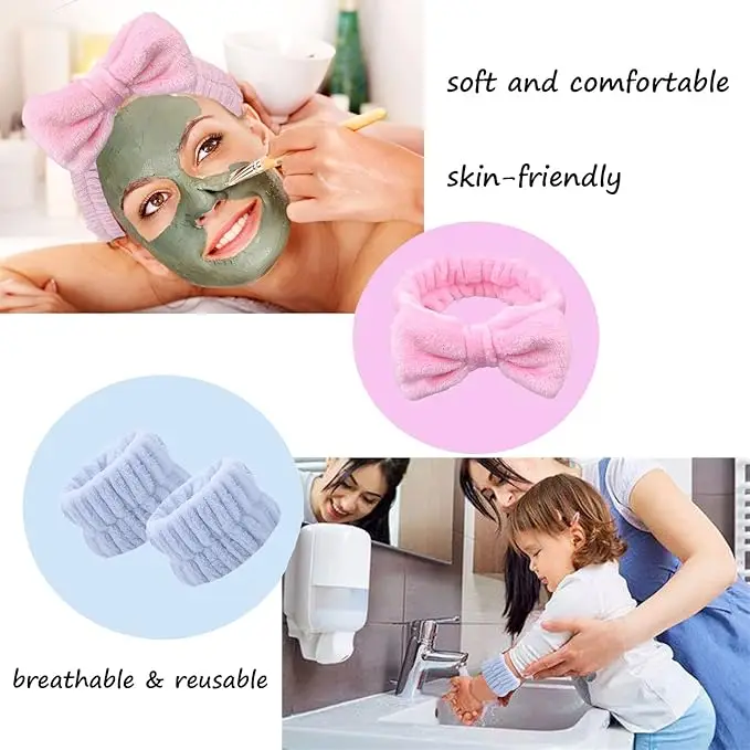 Custom Logo Elastic Flannel Facial Wrist Towel Cuff Makeup Washband Wrist band Skincare Spa Headband And Face Wash Wristband Set