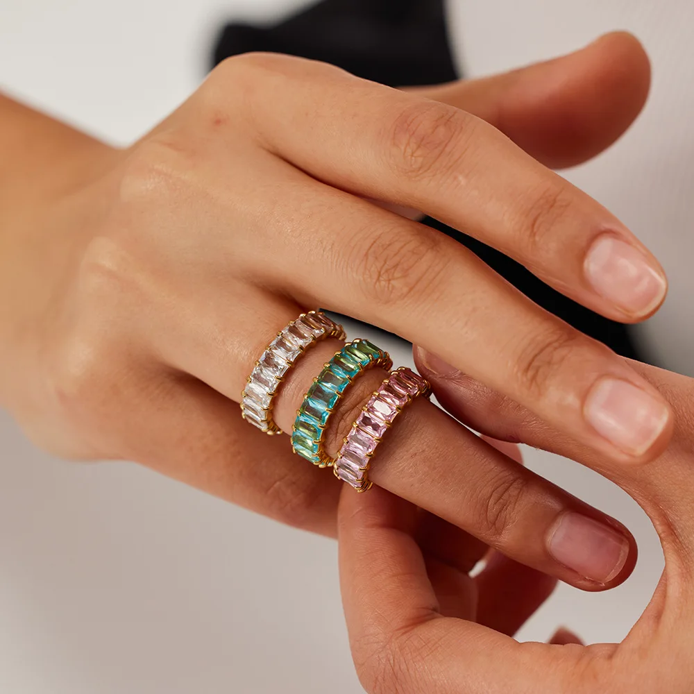Custom tennis ring womens fashion jewelry wedding jewelry gift colorful lab-grown diamonds baguette ring stainless steel ring