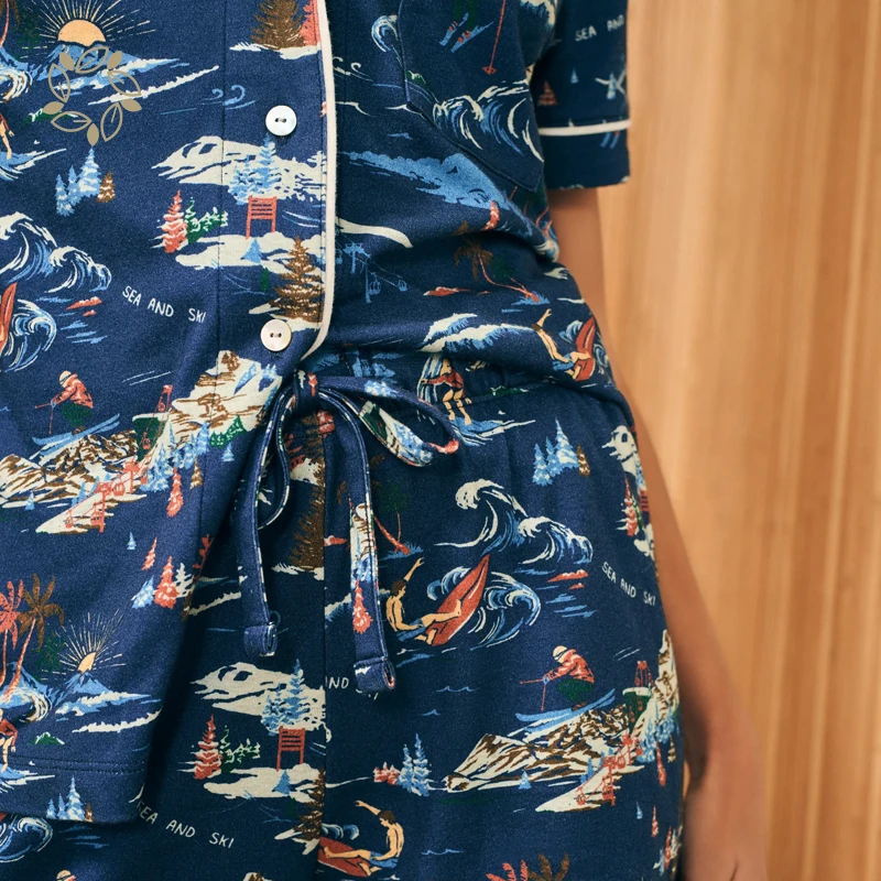 Organic bamboo cotton Pajama Short Set with custom print lounge set pyjama set for women ladies cotton pajamas womens sleepwear