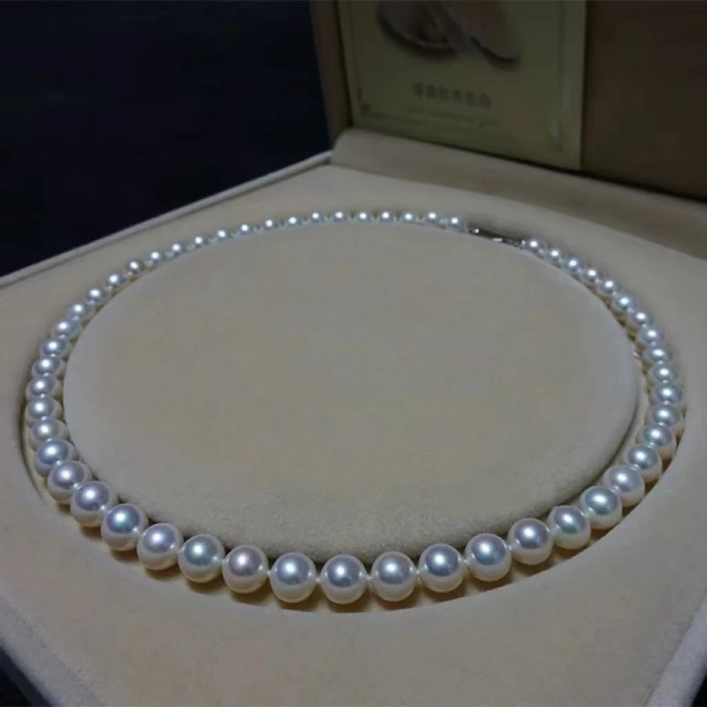 925 Silver Freshwater Cultured Pearl Necklace 8-9mm  Round  White Fashion New Design