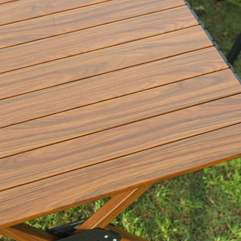 Outdoor Wood Color Aluminum Portable Rolling Table Folding Picnic Camping Table with Three Legs