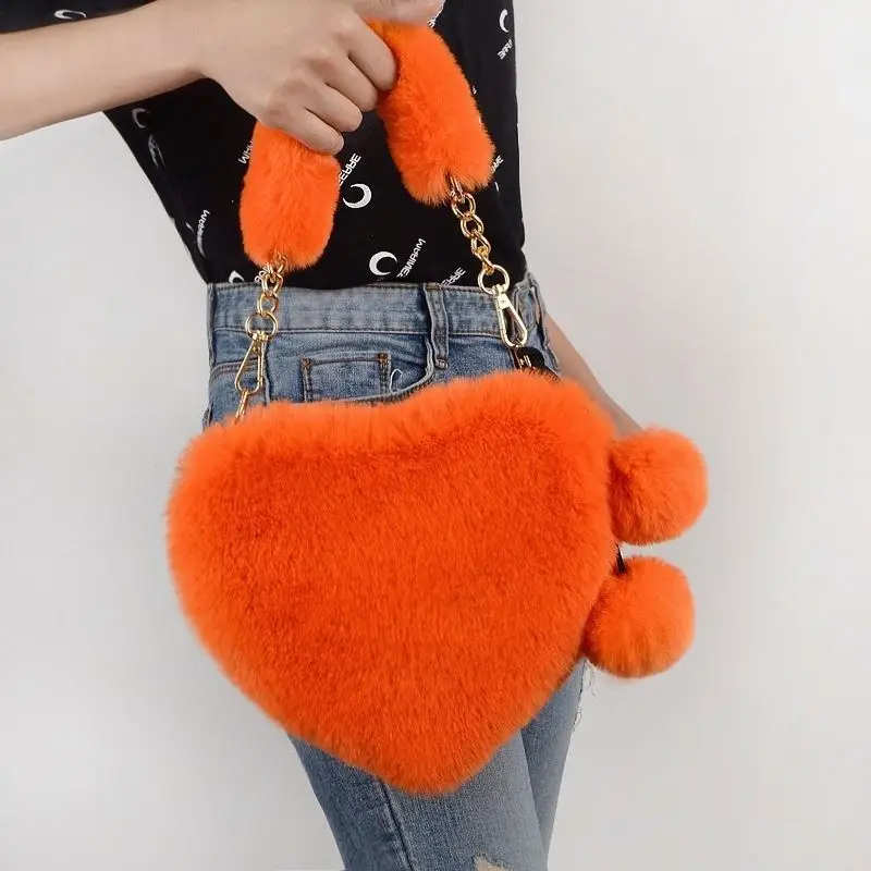 Plush Lady Shoulder Bag Hat And Women Women Heart Shaped Faux Fur Cross Body Bag Fashion Basket Faux Fur Purse Fuzzy Handbag