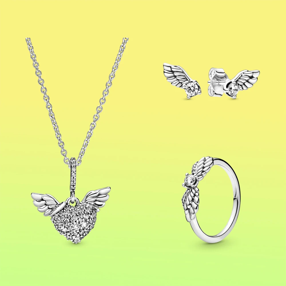 Genuine 925 Sterling Silver Earring Ring Pave Heart & Angel Wings Pendants Necklaces for Women Fine Jewelry wholesale