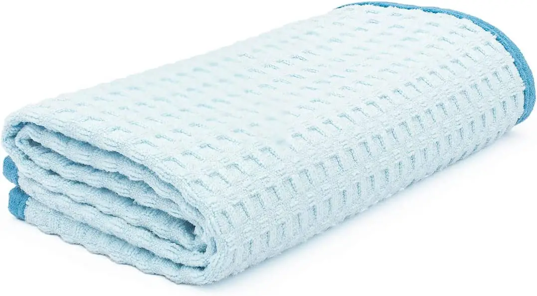 Hot selling 70/30 blend, microfiber Waffle weave, dry and delicate towel, soft suede edge light blue