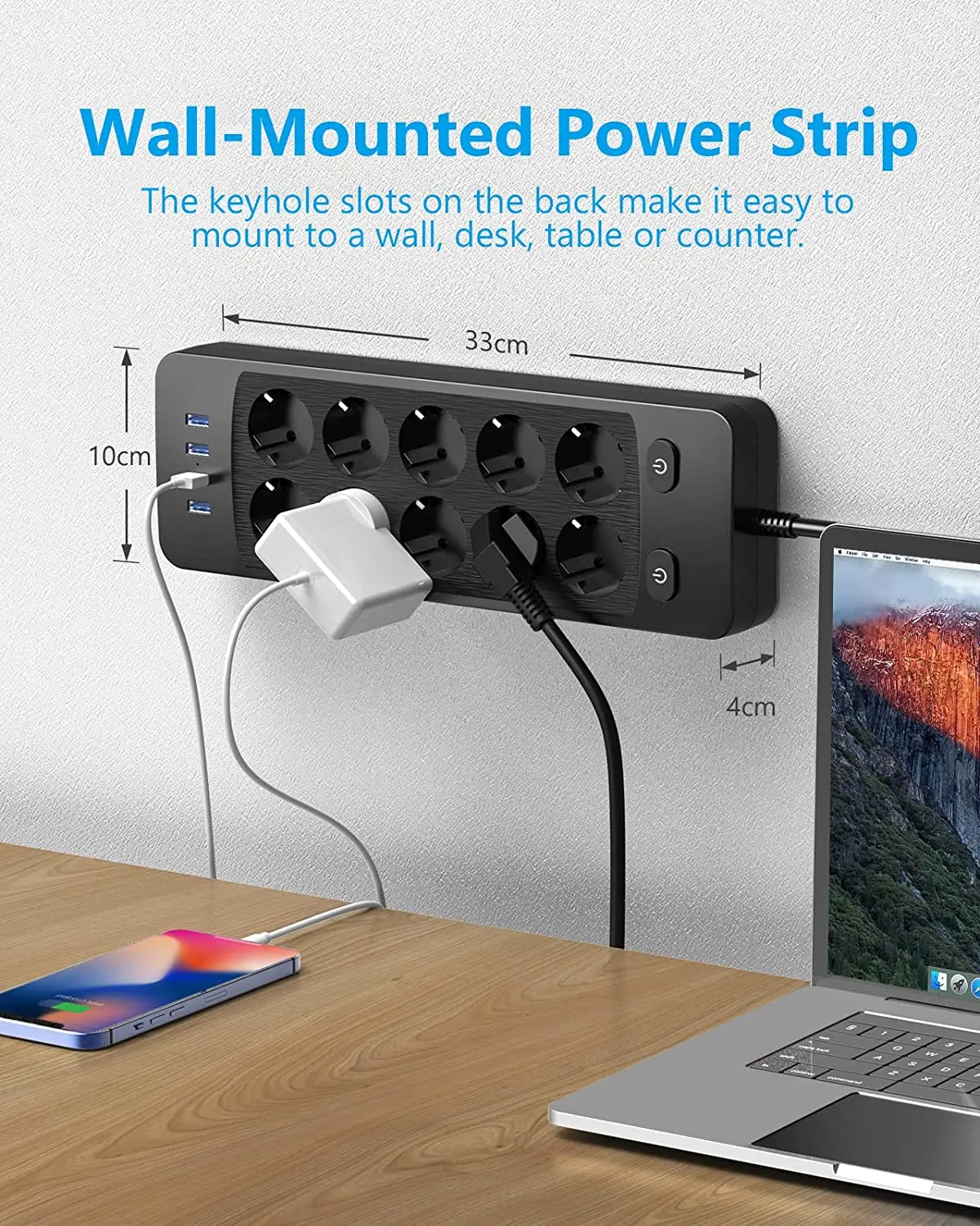 2500W 10A Power Strip Switch EU Plug Sockets With 2M Extension Cord Surge Protector 10 AC Outlets 4 USB Charging