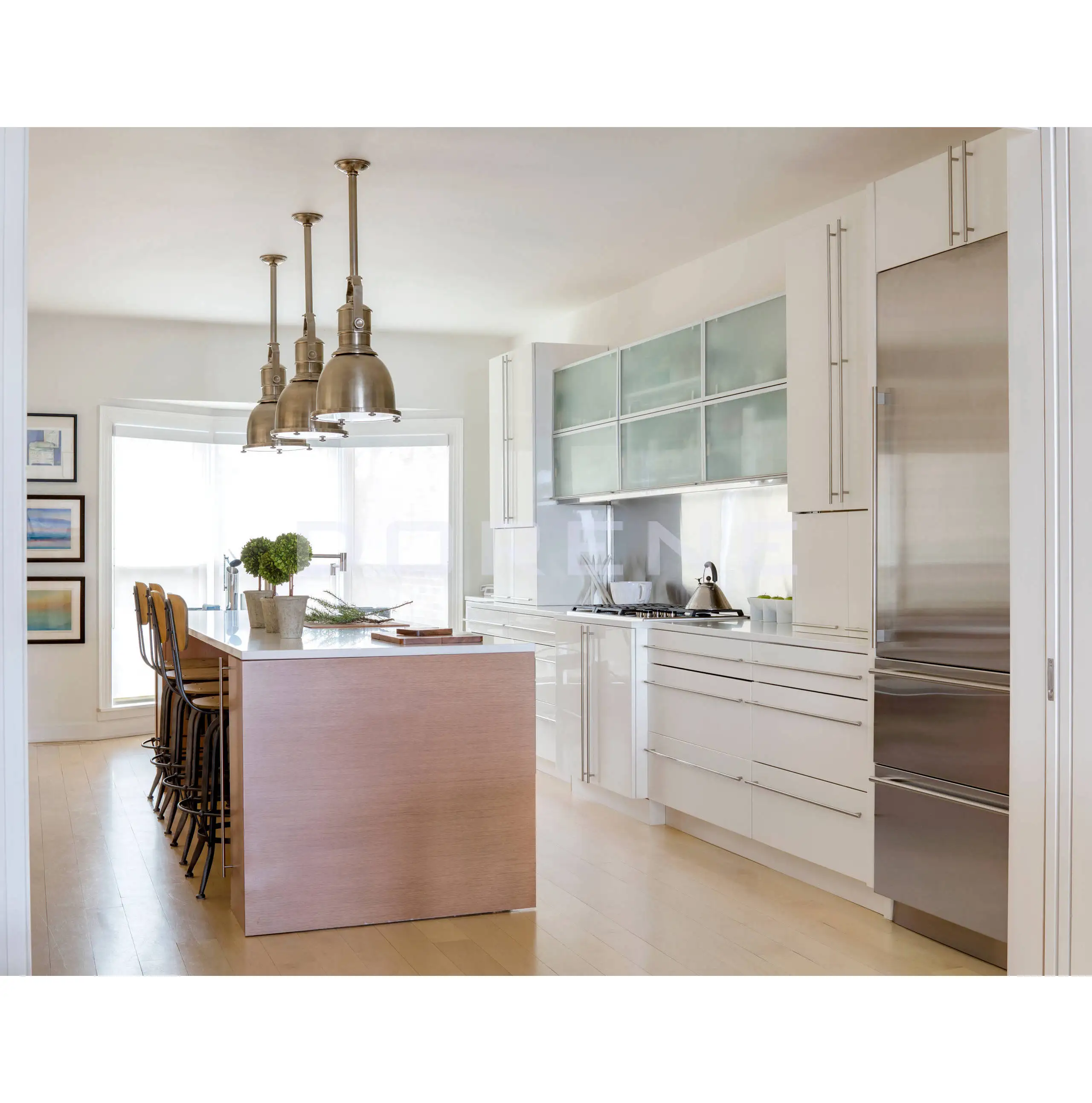 2024 Dorene Modern Design Matte White Fiberglass Tempered Frosted Glass for Kitchen Cabinet Doors Corner Storage