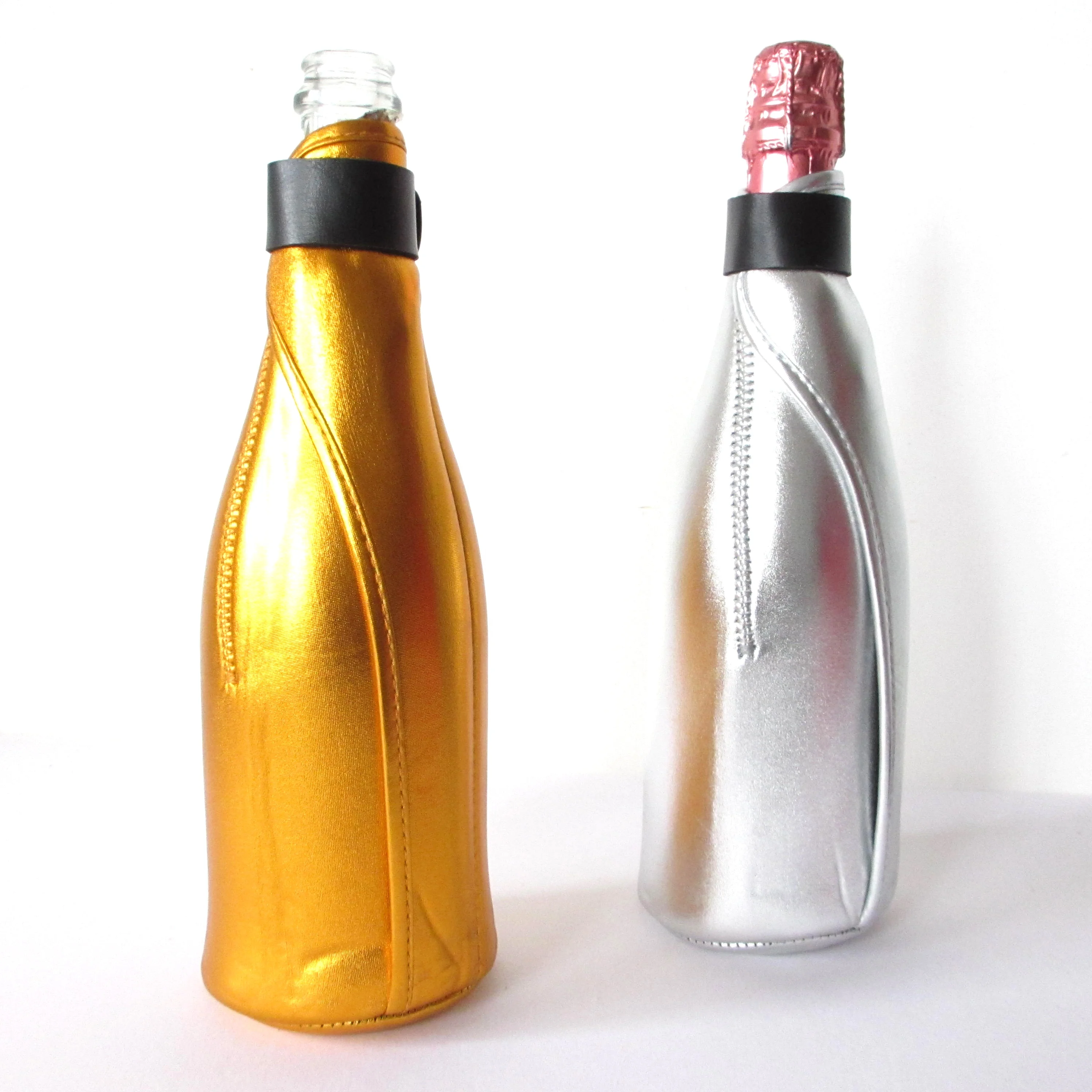 Custom Logo Shiny Neoprene Champagne Bottle Cooler 750 ml Bag Zip up Metallic Neoprene Sparkling Wine Bottle Cover