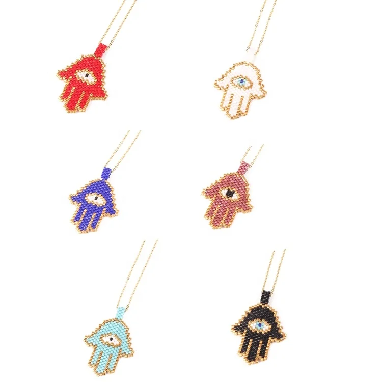 Moyamiya Fashion  Fatima hand lucky palm evil eye necklace Seed Bead hamsa jewelry necklace