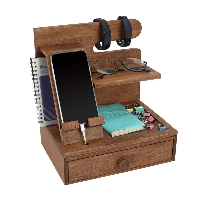 Bamboo Desktop Phone Docking Station with Drawer Home & Office Wallet Stand Glasses Holder Watch Organizer Phone Charging