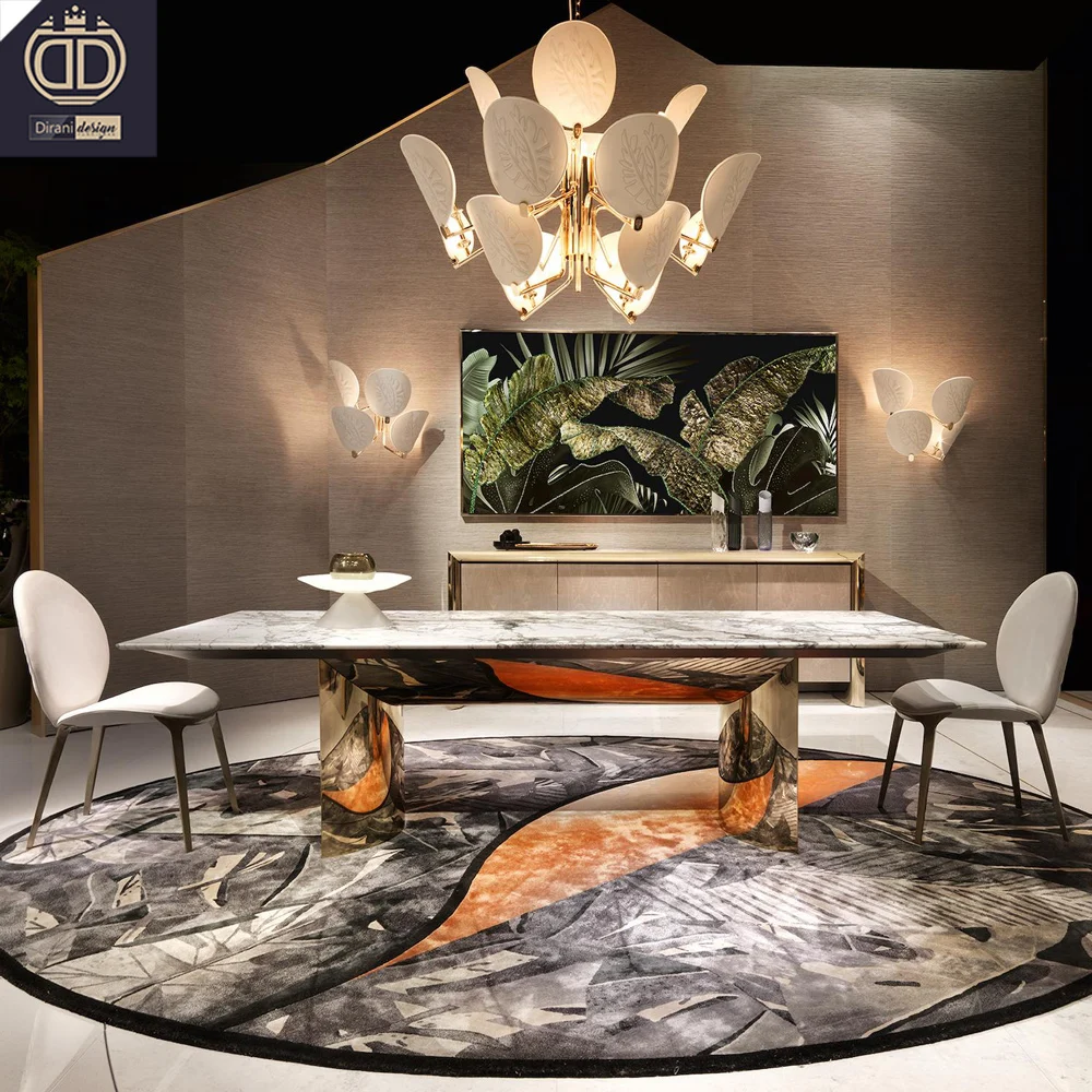 luxury Italian design modern gloss white dining table set gold marble white dining table