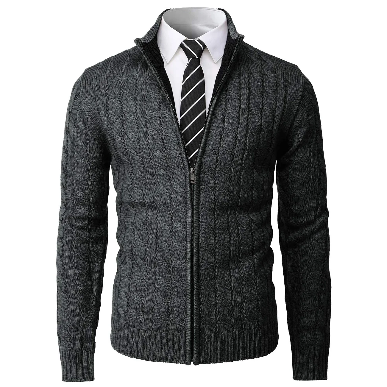 
2021 Casual Slim Fit Zip Up Long Sleeve Men Cardigan Turtleneck Sweater 
