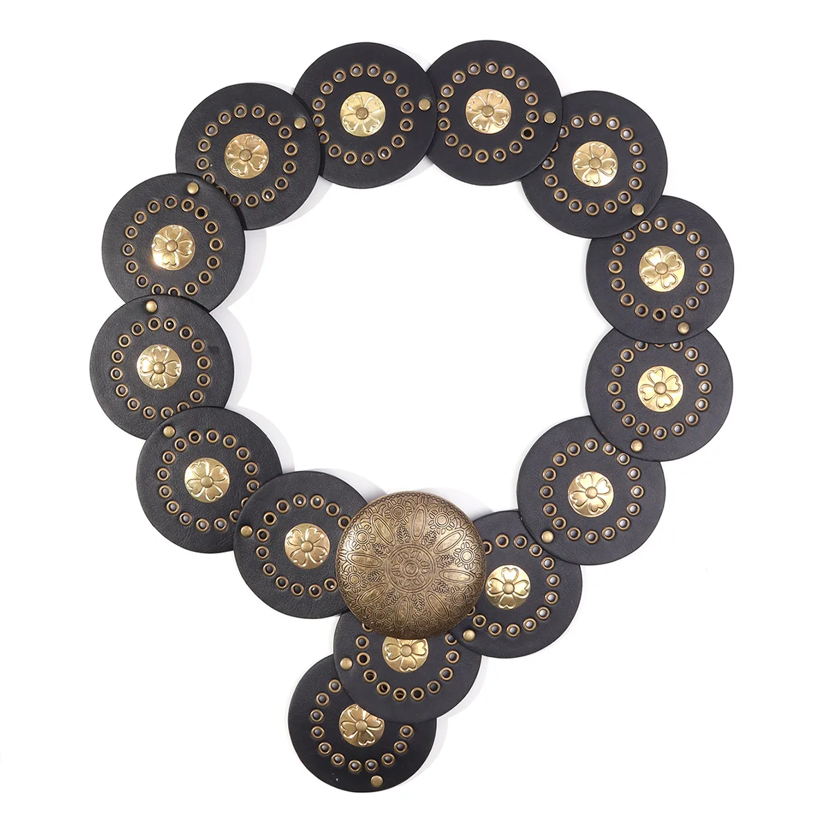 Retro Punk Metal Buckle Big Round Rivet Leather Belt Wide Disk Link Oval Disc Concho PU Leather Belt for Cowboy Cowgirl