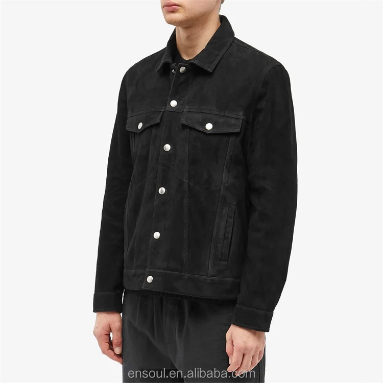OEM Factory Single Breasted Custom Logo High Quality  Multi Pockets Black Luxury Men Suede Jacket For Men
