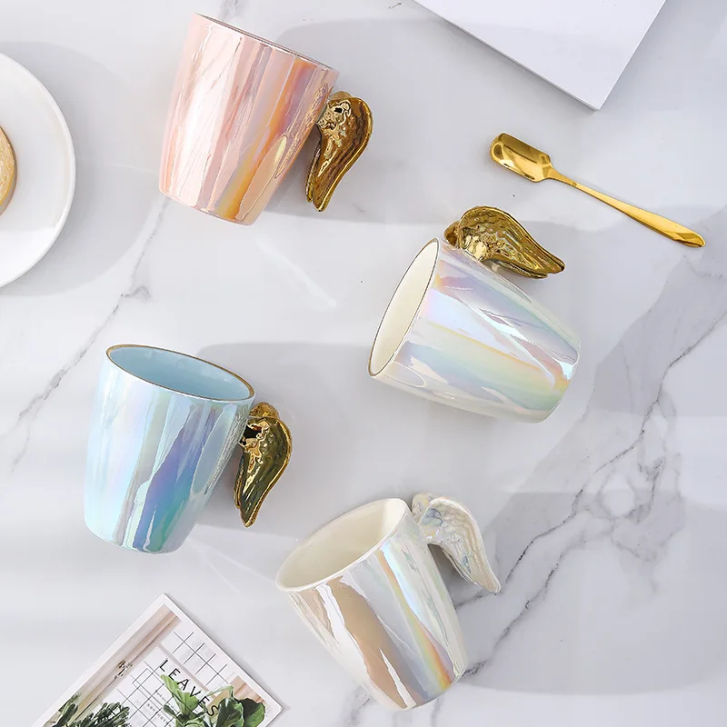 Creative Ceramic Mug Gold Plated Handle Angel Wing Office Cup Coffee Milk Porcelain Mugs For Gift