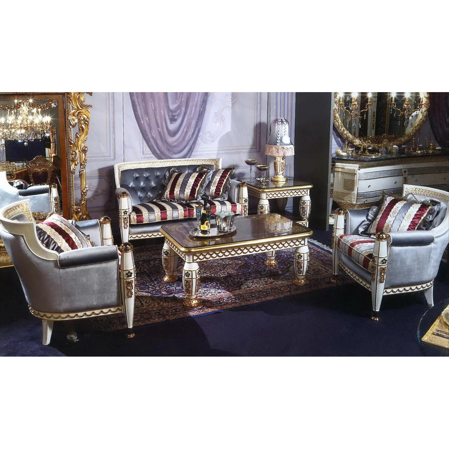 Luxury Baroque High End Fabric Living Room Furniture Antique Mixed Fabric Hand Carved Villa Sectional Sofa Set