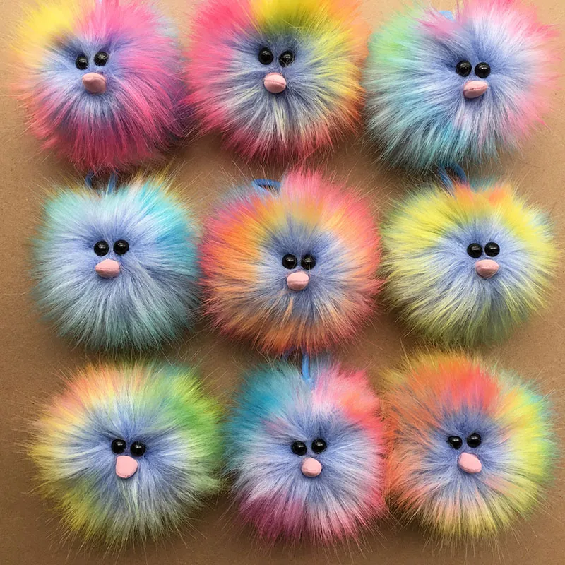 New cute rainbow ostrich soft fluffy fox fur plush ball pompom pendant plastic keychain gift car pendant