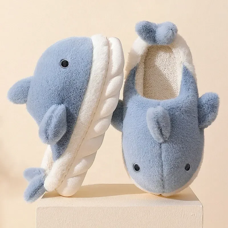 Winter kid woman blue pink cute cartoon soft cozy fluffy warm shark slippers for boy girl