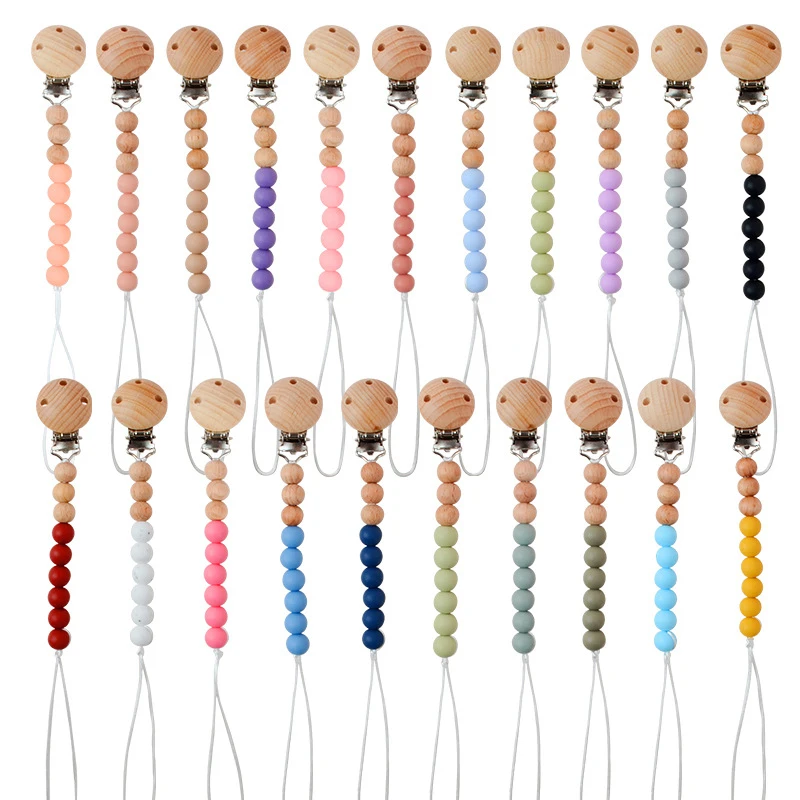 Wholesale Printed Letters Wooden Rings Colorful BPA Free 100% Silicone Baby Pacifier Beads Chain