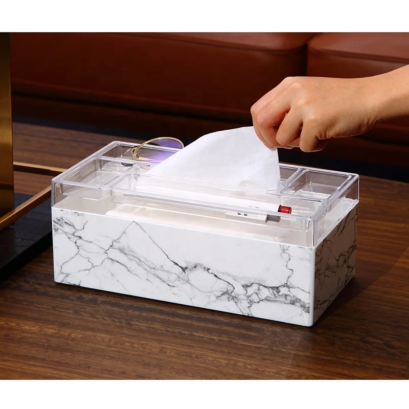multifunction marble printing home organizer rectangle acrylic tissue holder plastic tissue box with divisions lids