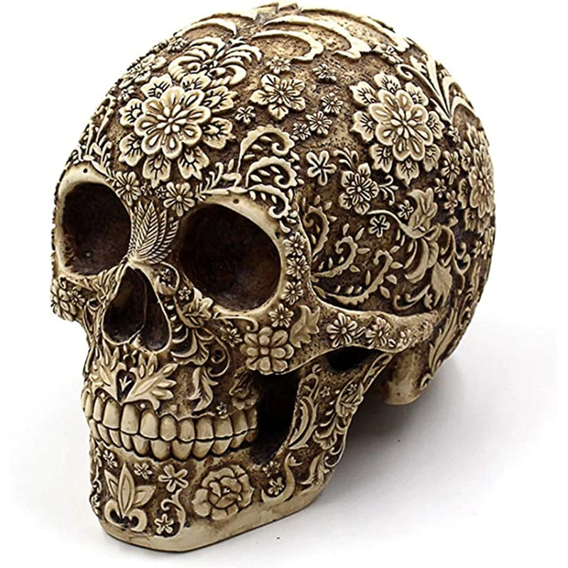 Daili Amazon Hot Sale Wholesale Decorative Flower Resin Skulls Hand Carved Realistic Skeleton Skulls Halloween Party