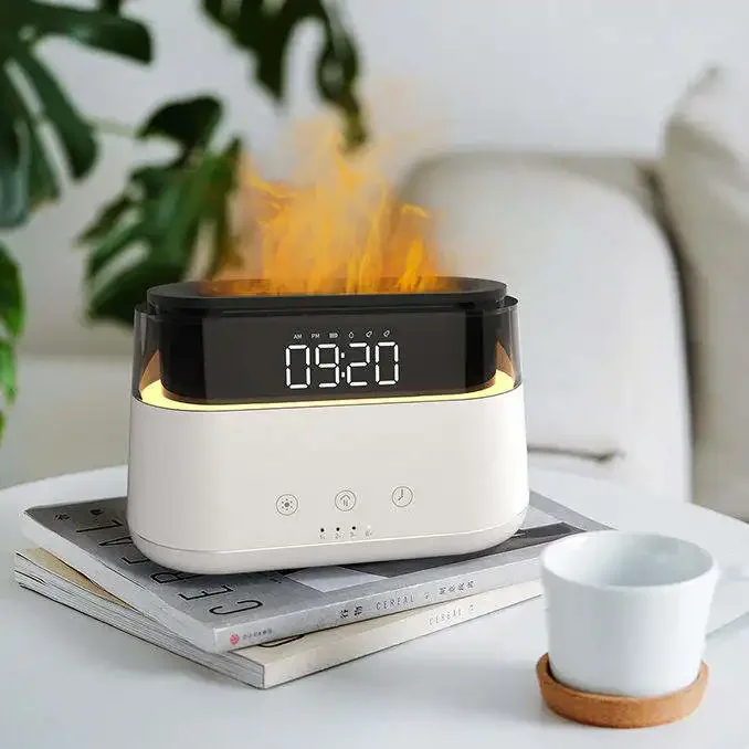 New Baby Unique Products 2023 Smart Alarm Clock Flame Humidifier Diffuser 3D Flame Air Humidifier Aroma Diffuser With Clock