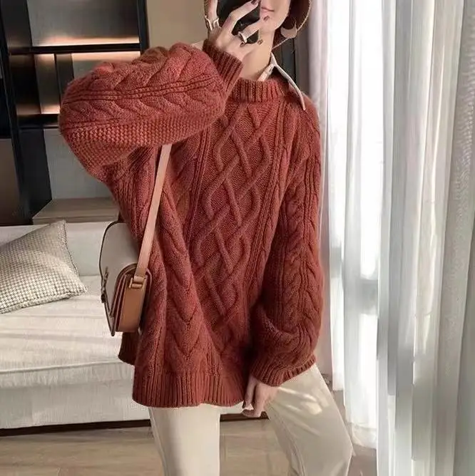 2022 Winter Autumn Chunky Knit Cable Loose Pullover Women Thick Knitted Sweater Knitwear