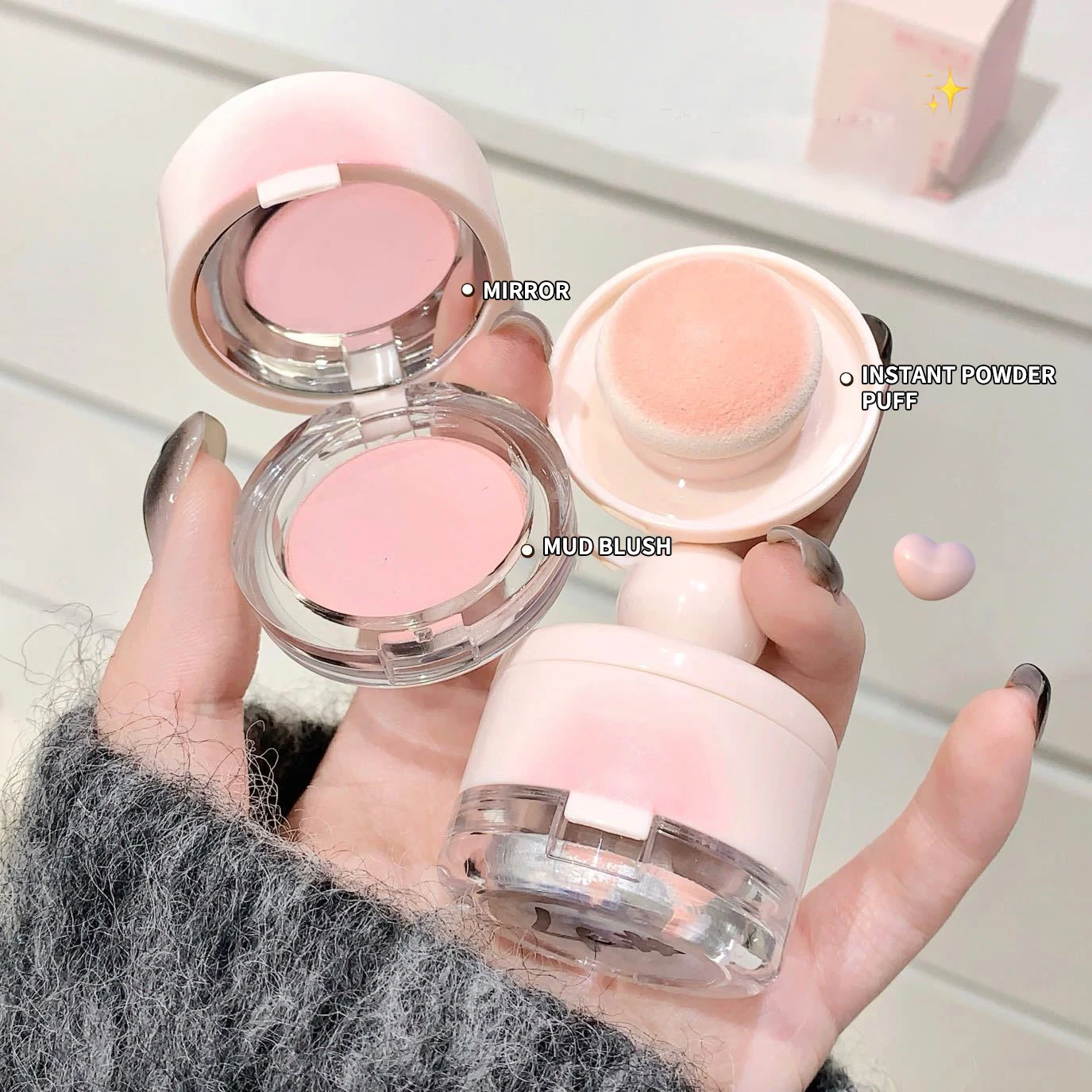 OEM mud pseudo-plain makeup pure desire mashed potatoes soft glutinous non-flying blush powder with puff and mirror
