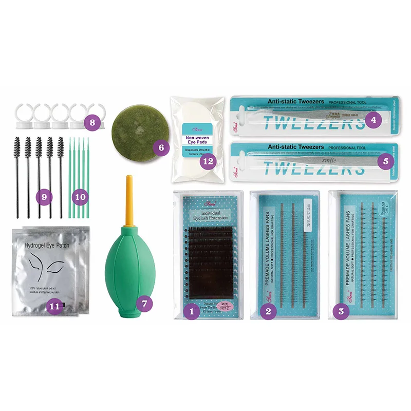 12 pcs Wholesale Portable Travel Practice Eyelash Extension Starter Fake False Eyelash Kit Practice Eye Lash Extension Set