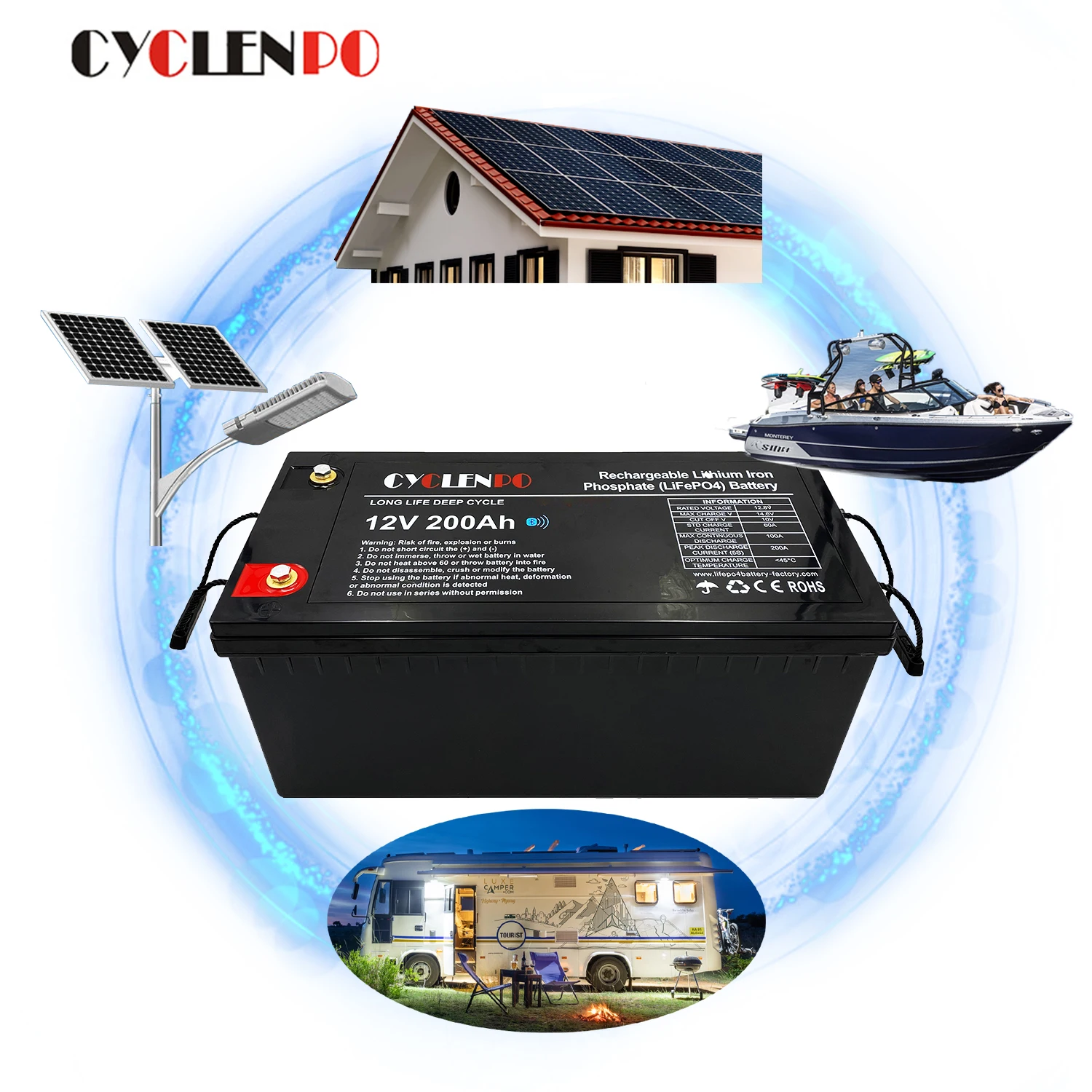 Maintenance free lifepo4 12v 200ah lipo battery with wireless connection function and BMS