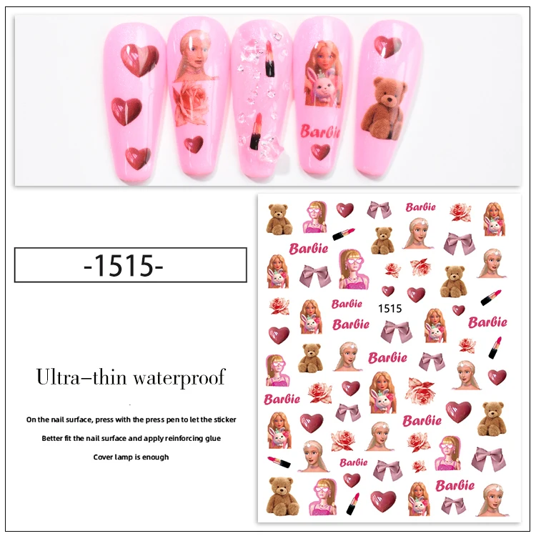 1511-1416 Wholesale Nail Art Supplies Adhesive Cartoon Pink Barbie Figure Print Nail Art Stickers and Decals