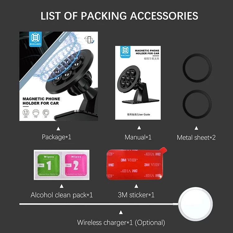 Shellbox bendable mounted strong stickness 360 rotating sucker attached magnetic car phone holder for car with retail package