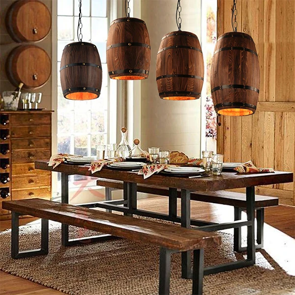 Wood Wine Barrel Hanging Fixture Pendant Lighting Suitable For Bar Cafe Lights Ceiling Restaurant Barrel Lamp Exhibition Display
