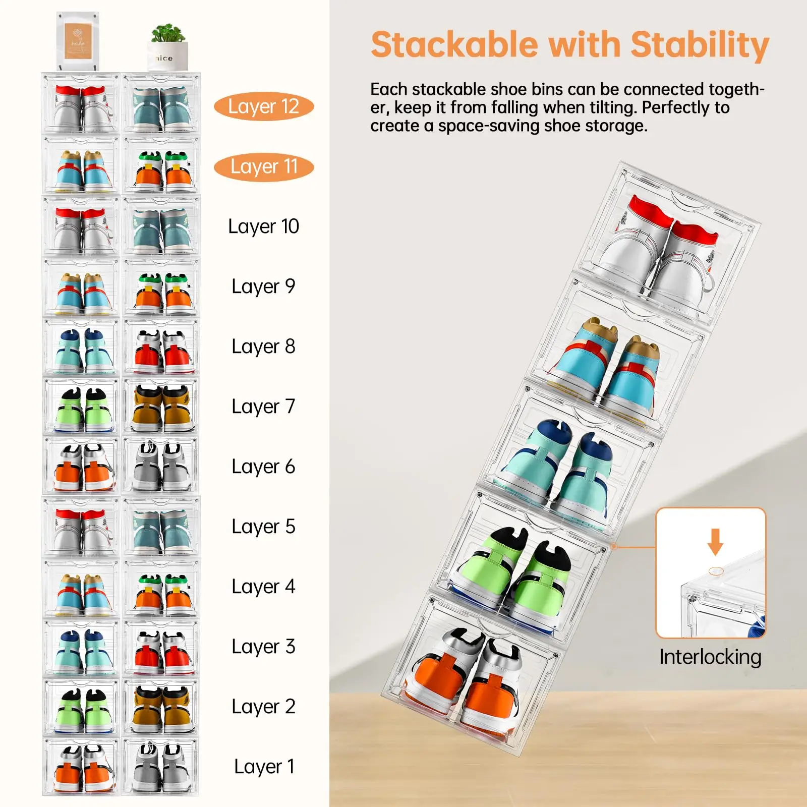 Household transparent plastic stackable shoe storage box wardrobe space saving shoe rack sports shoe storage box
