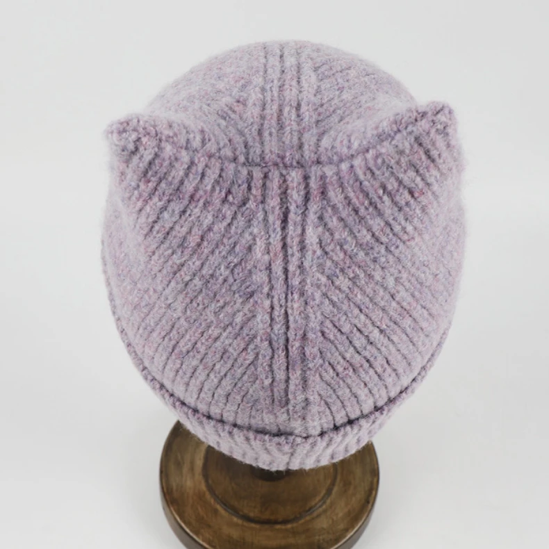 FF3081 Cuff Fleece Wool Knitted Beanie Hats with Ear Warm Knit Skull Cap Custom LOGO Patch Embroidery Winter Hats Women Beanie