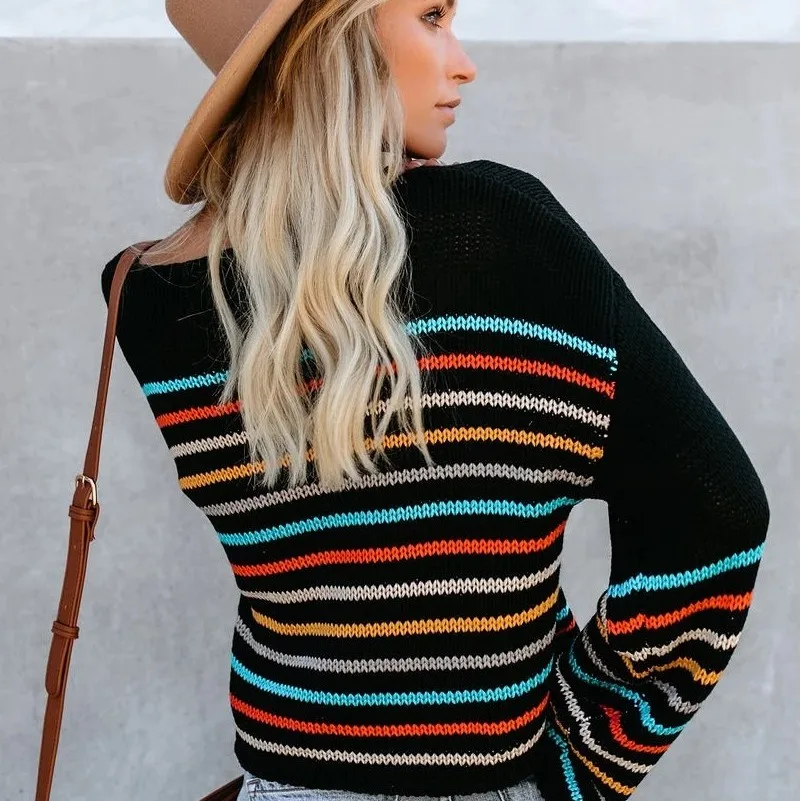 
Fall New Casual Style Rainbow Stripe Top Long Sleeve Women Knitted Sweater On Sale 
