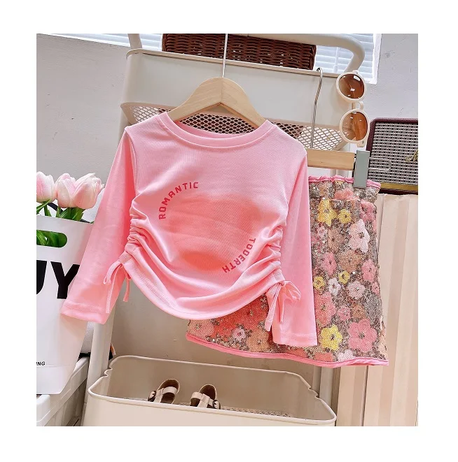 New fashion toddler girls clothing set long sleeve heart printed T-shirt + flower sequined skirt 2 pcs outfit for girls