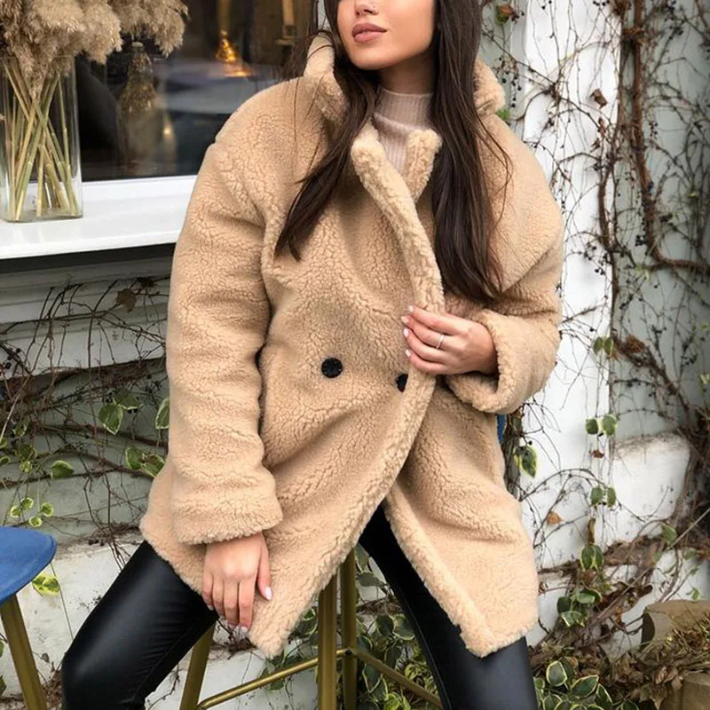 Winter Faux Lamb Fur Coats Women Elegant Side Pockets Mid Length Jackets Women Loose Double Breasted Coats Ladies