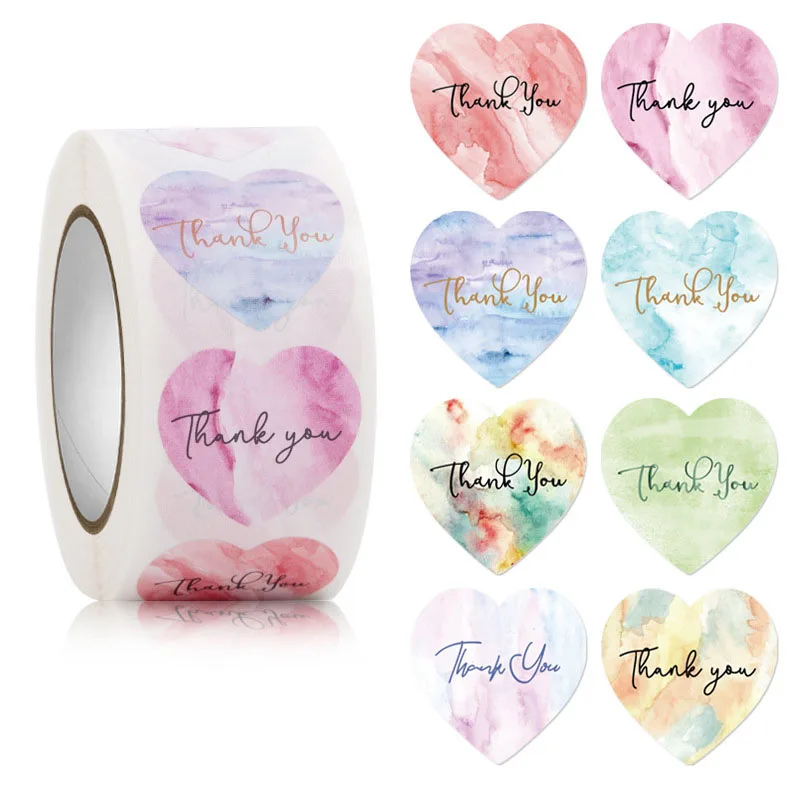 High Quality Label Self Adhesive 1 inch Colorful Smile Heart Thank you Stickers 500 Roll For Seal