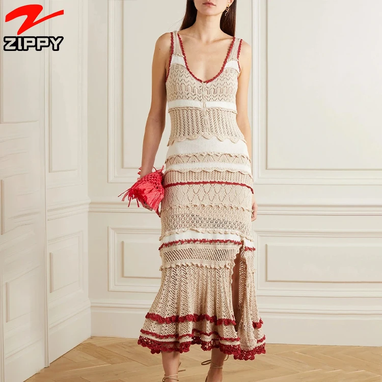 Fashion Custom Lady Sleeveless Striped Pointelle-Knit Stretch-Cotton Mermaid Side Slit Design Women Casual Midi Dress