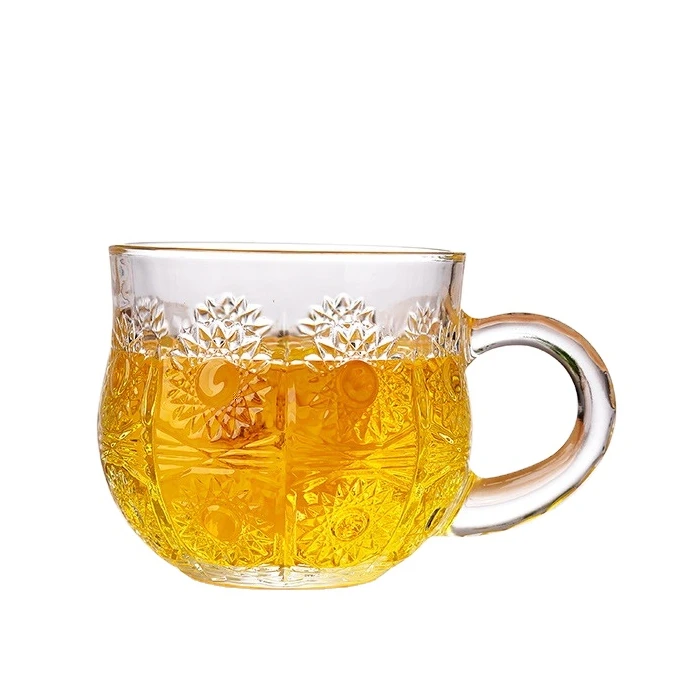 Embossing Sunflower Rococo 190ml Glass Tea Cups With Handle Bulb Shape Engraved Cappuccino Coffee Mugs LH201 Belly Mug 7x7CM