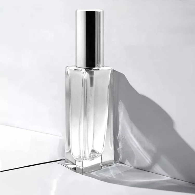 30 мл 50 мл прямоугольный пустой флакон для духов стеклянная бутылка с УФ алюминиевым серебристым золотистым распылителем и крышкой