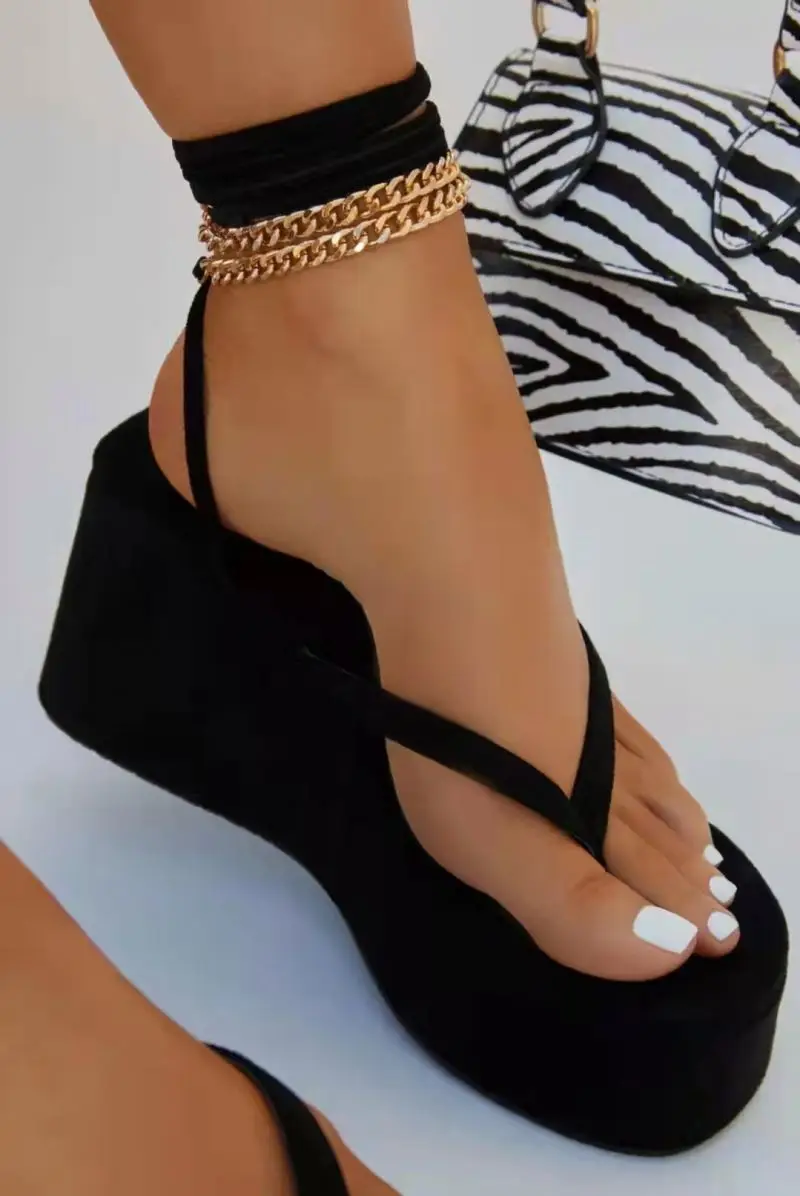Platform flip-flops with clip toe chain ankle strap plus size wedge heels for women