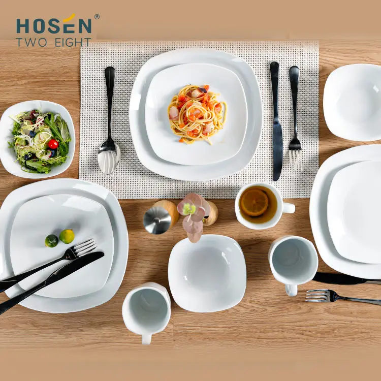 Horeca Party Dinner Set Wholesale Classics OEM/ODM Square Ceramic Plates Set Coffee Cups China  Fine Porcelain Tableware Mugs