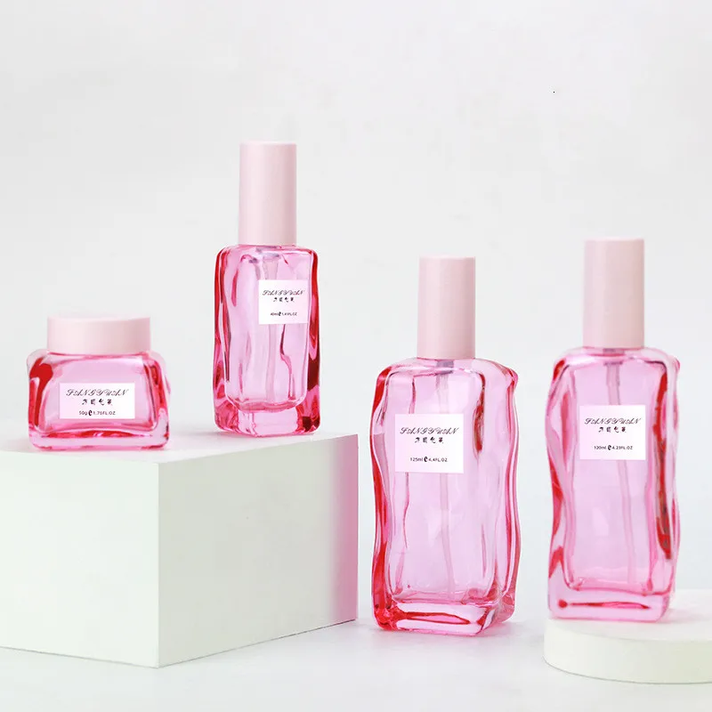 40 100 120ml toner container 50g face cream jar customize logo pink square lotion pump serum essencial oil glass bottle set
