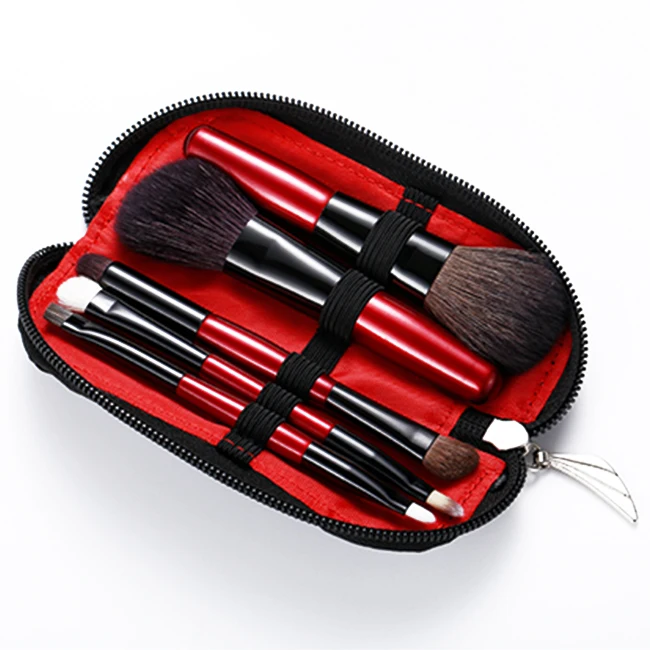 5 Piece Fluffy Wholesale Double Sided Beauty Travel Goat Hair Mini Powder Custom Makeup Brushes Set With Bag
