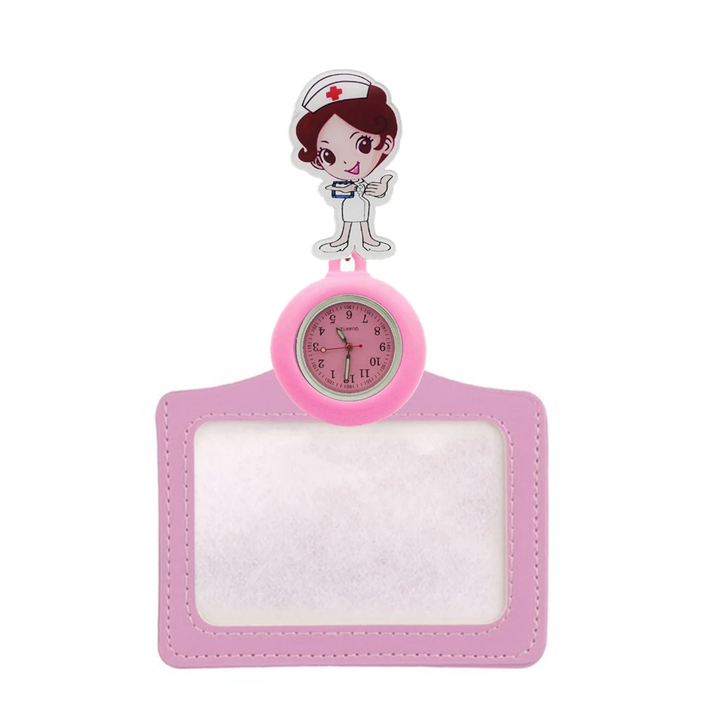 Fashion colorful unisex mens women nurse cartoon doctor pocket watches 2 in 1 Retractable Badge Reel Card Holder medical watches