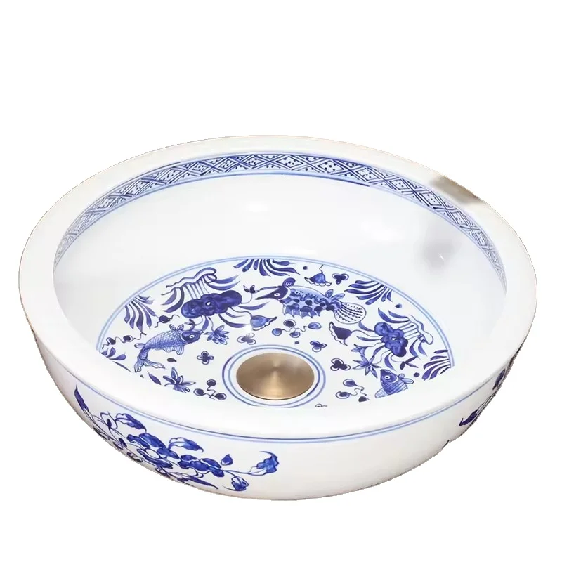 Chinese Handmade Blue and White Fish Pattern Ceramic Round Hand Wash Basin Counter Top  Bathroom Vessel Sinks